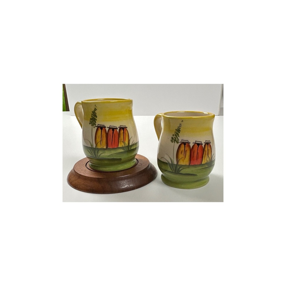 Vintage Yapacunchi Folk Art Hand Painted Tulip Mugs Set‎ of 2 Yellow Cottagecore